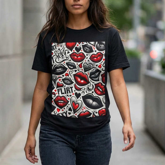 US | Sexy Flirt Lips T-Shirt, Casual Crewneck Black and Red Lips Shirt with Hearts - Ohhh So Swag