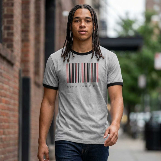 US | Unisex Cotton Ringer Tee - Swag Verified. Barcode - Ohhh So Swag