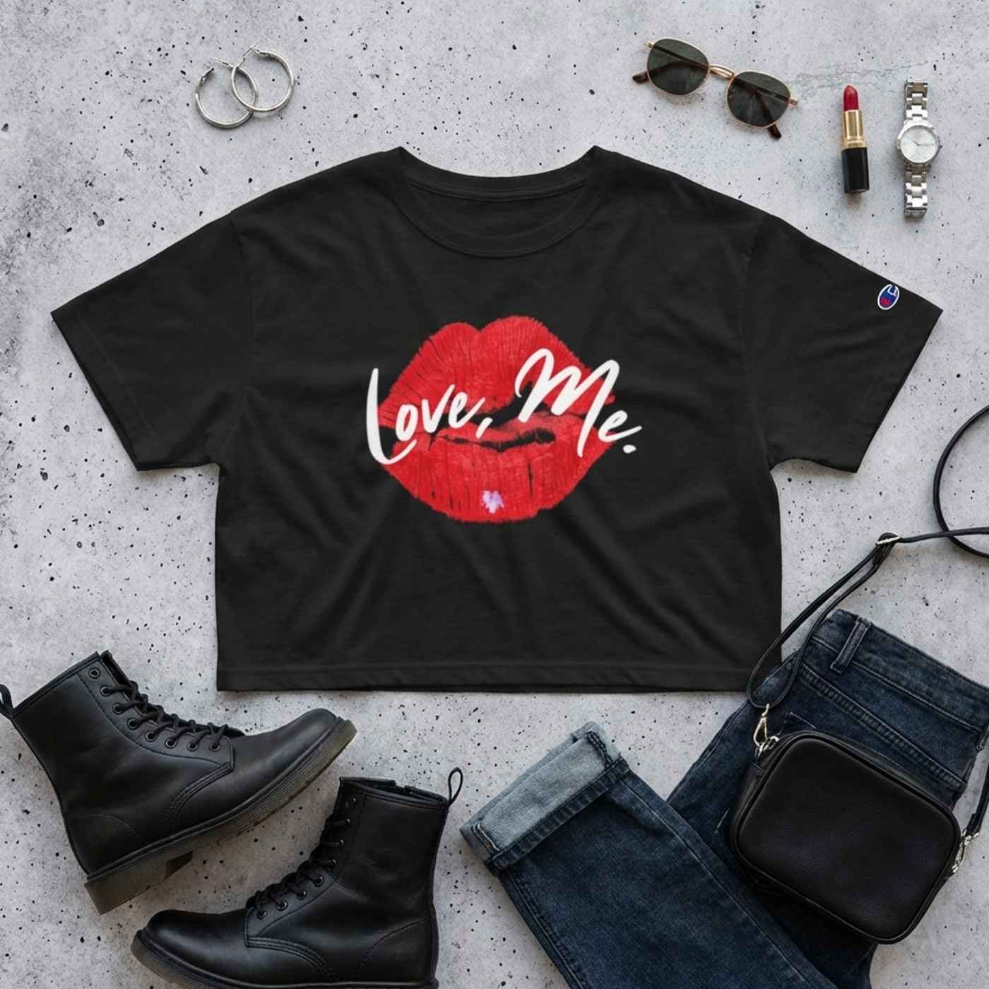 US | Women's Champion® Heritage Coquette Cropped T-Shirt - Love, Me., Red Lips, Purple Heart - Ohhh So Swag