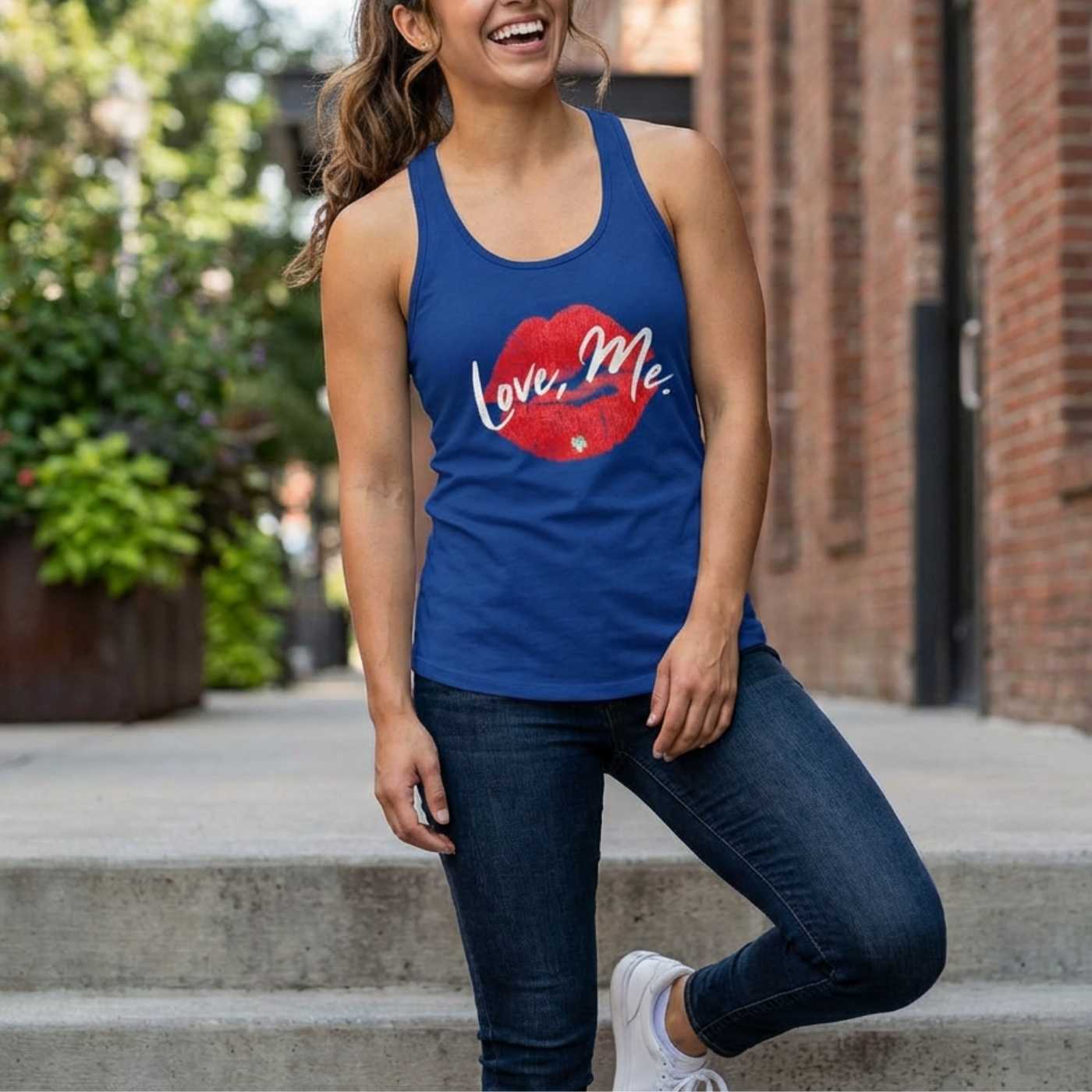 US | Women's Racerback Tank Top with Red Kiss Lips, Green Heart - Love, Me. - Ohhh So Swag
