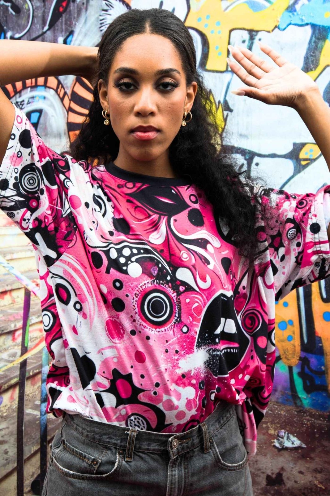 Vibrant Pink and Black Peace & Love Graphic Tee, Women's Casual Crew Neck T-Shirt, Edgy Graffiti Art Heart and Lips T-Shirt | US - Ohhh So Swag