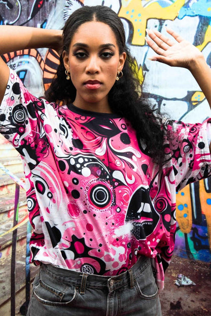 Vibrant Pink and Black Peace & Love Graphic Tee, Women's Casual Crew Neck T-Shirt, Edgy Graffiti Art Heart and Lips T-Shirt | US - Ohhh So Swag