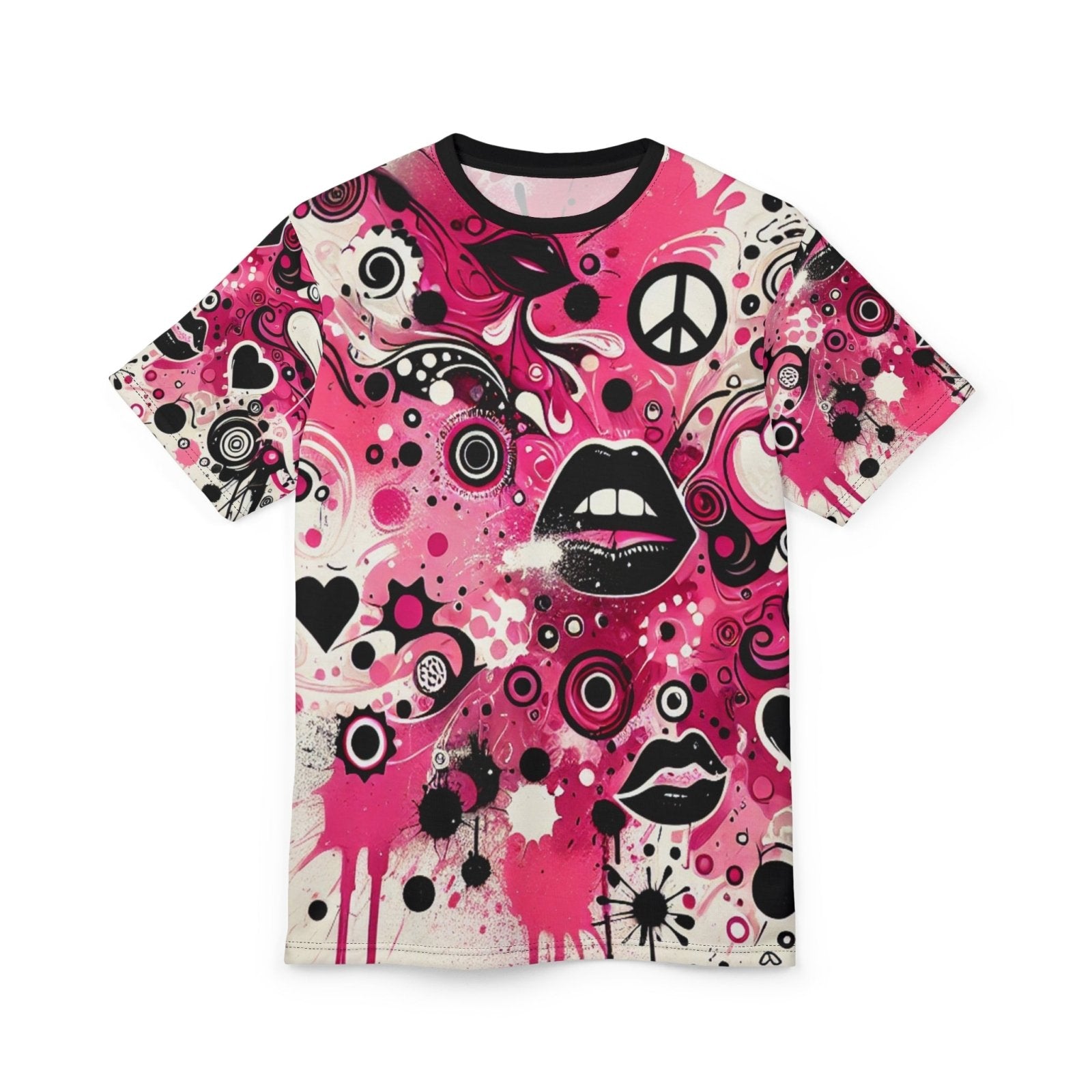 Vibrant Pink and Black Peace & Love Graphic Tee, Women's Casual Crew Neck T-Shirt, Edgy Graffiti Art Heart and Lips T-Shirt | US - Ohhh So Swag