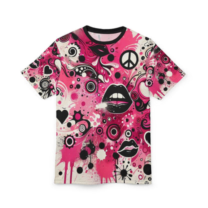 Vibrant Pink and Black Peace & Love Graphic Tee, Women's Casual Crew Neck T-Shirt, Edgy Graffiti Art Heart and Lips T-Shirt | US - Ohhh So Swag