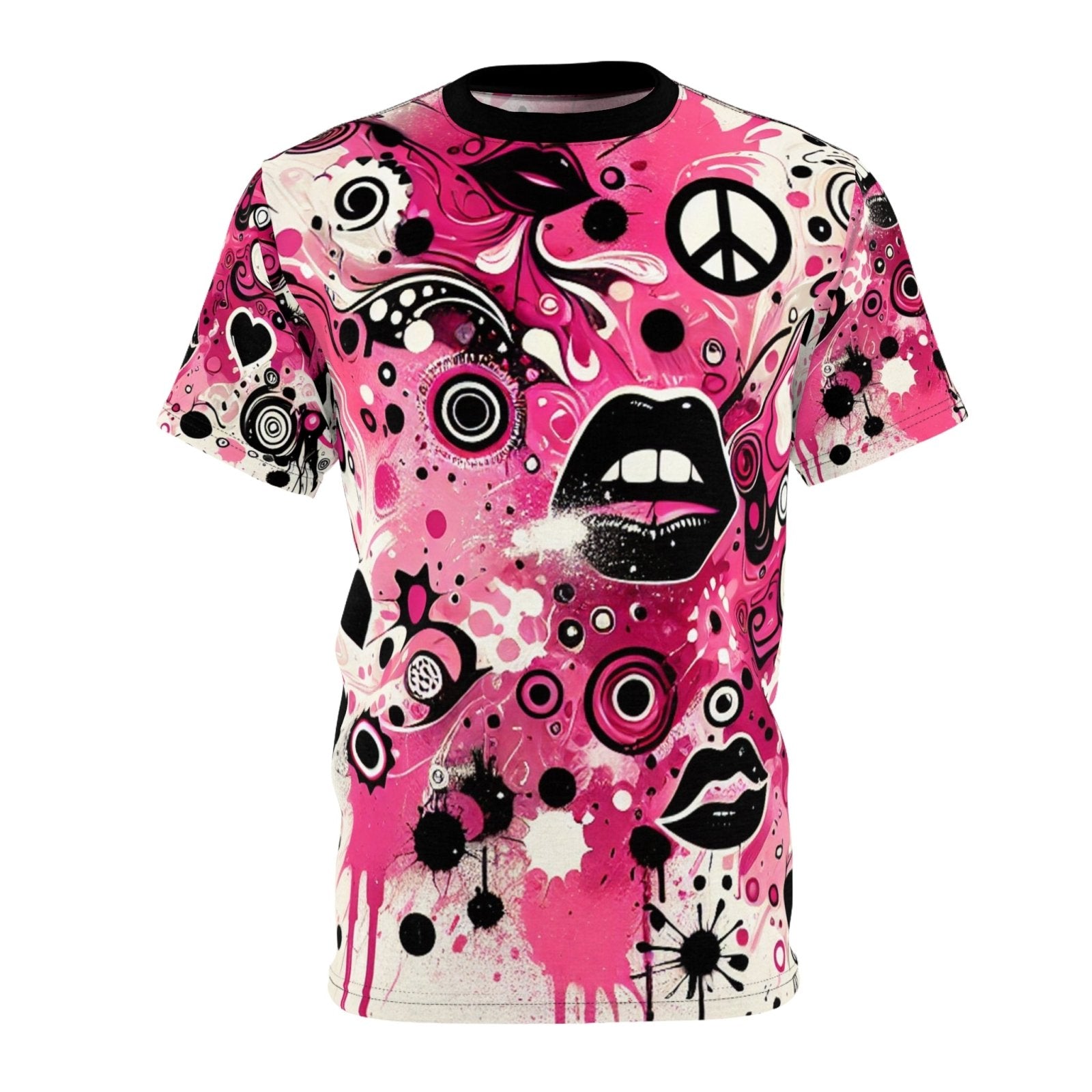 Vibrant Pink and Black Peace & Love Graphic Tee, Women's Casual Crew Neck T-Shirt, Edgy Graffiti Art Heart and Lips T-Shirt | US - Ohhh So Swag