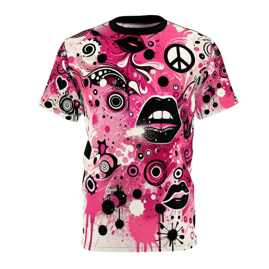 Vibrant Pink and Black Peace & Love Graphic Tee, Women's Casual Crew Neck T-Shirt, Edgy Graffiti Art Heart and Lips T-Shirt | US - Ohhh So Swag