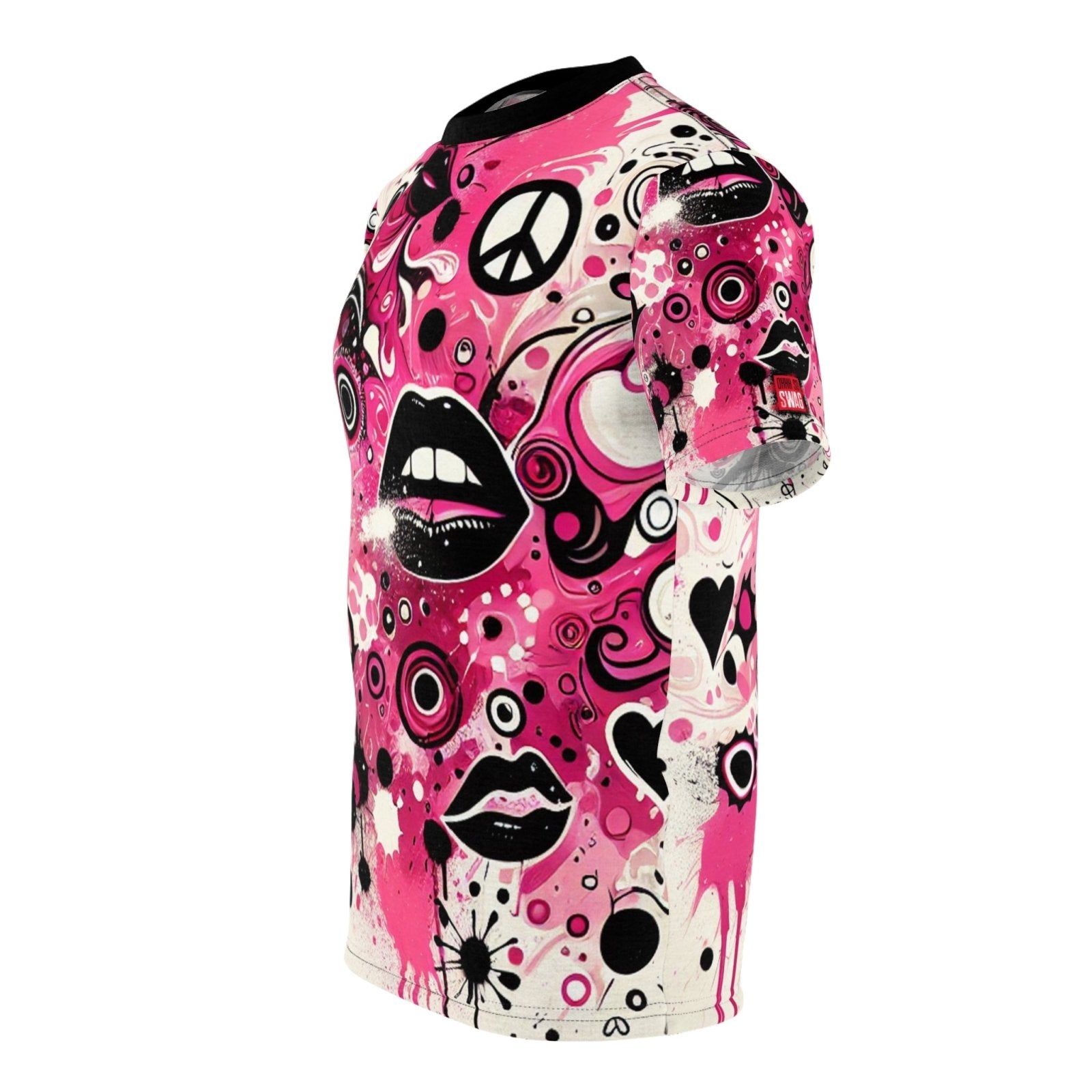 Vibrant Pink and Black Peace & Love Graphic Tee, Women's Casual Crew Neck T-Shirt, Edgy Graffiti Art Heart and Lips T-Shirt | US - Ohhh So Swag