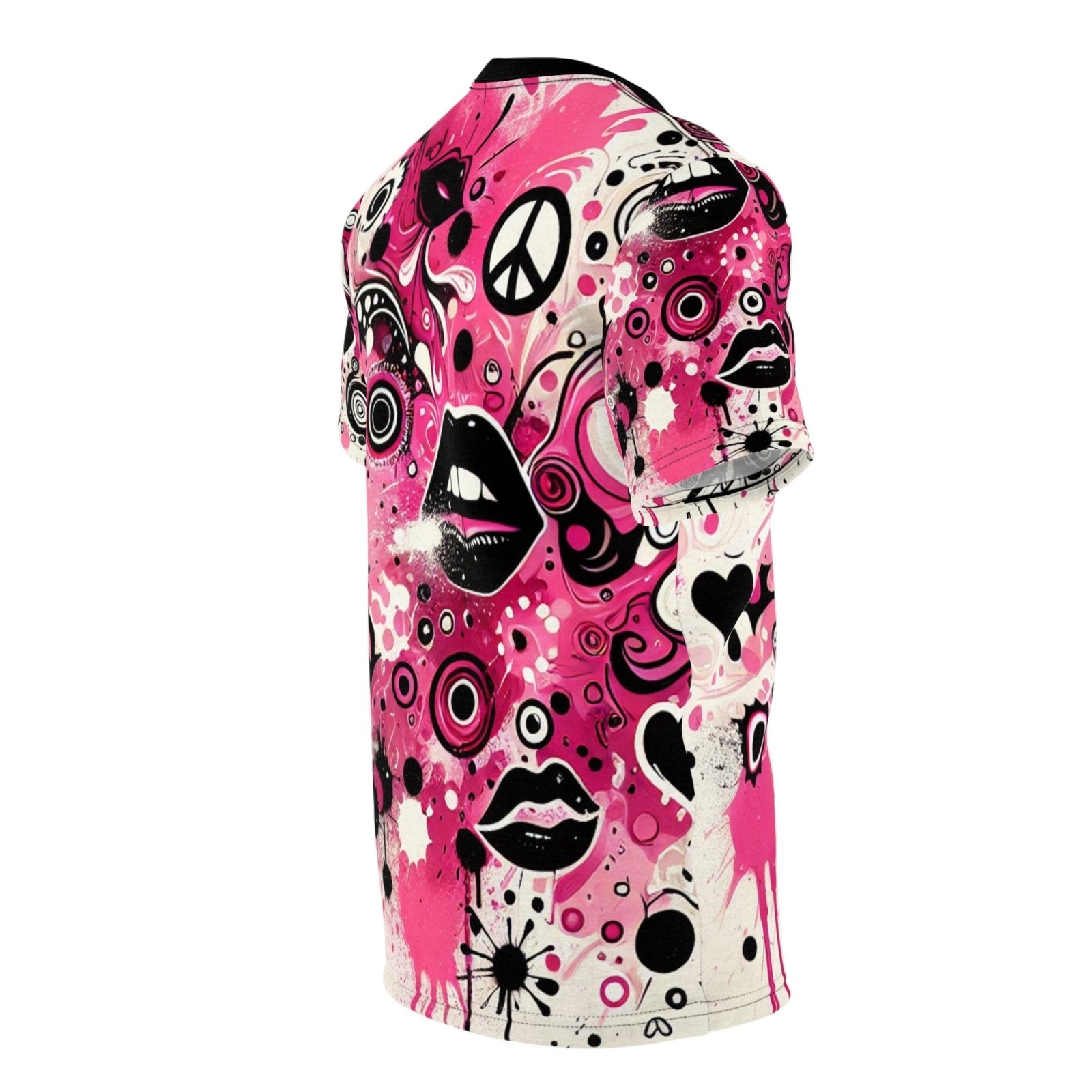 Vibrant Pink and Black Peace & Love Graphic Tee, Women's Casual Crew Neck T-Shirt, Edgy Graffiti Art Heart and Lips T-Shirt | US - Ohhh So Swag