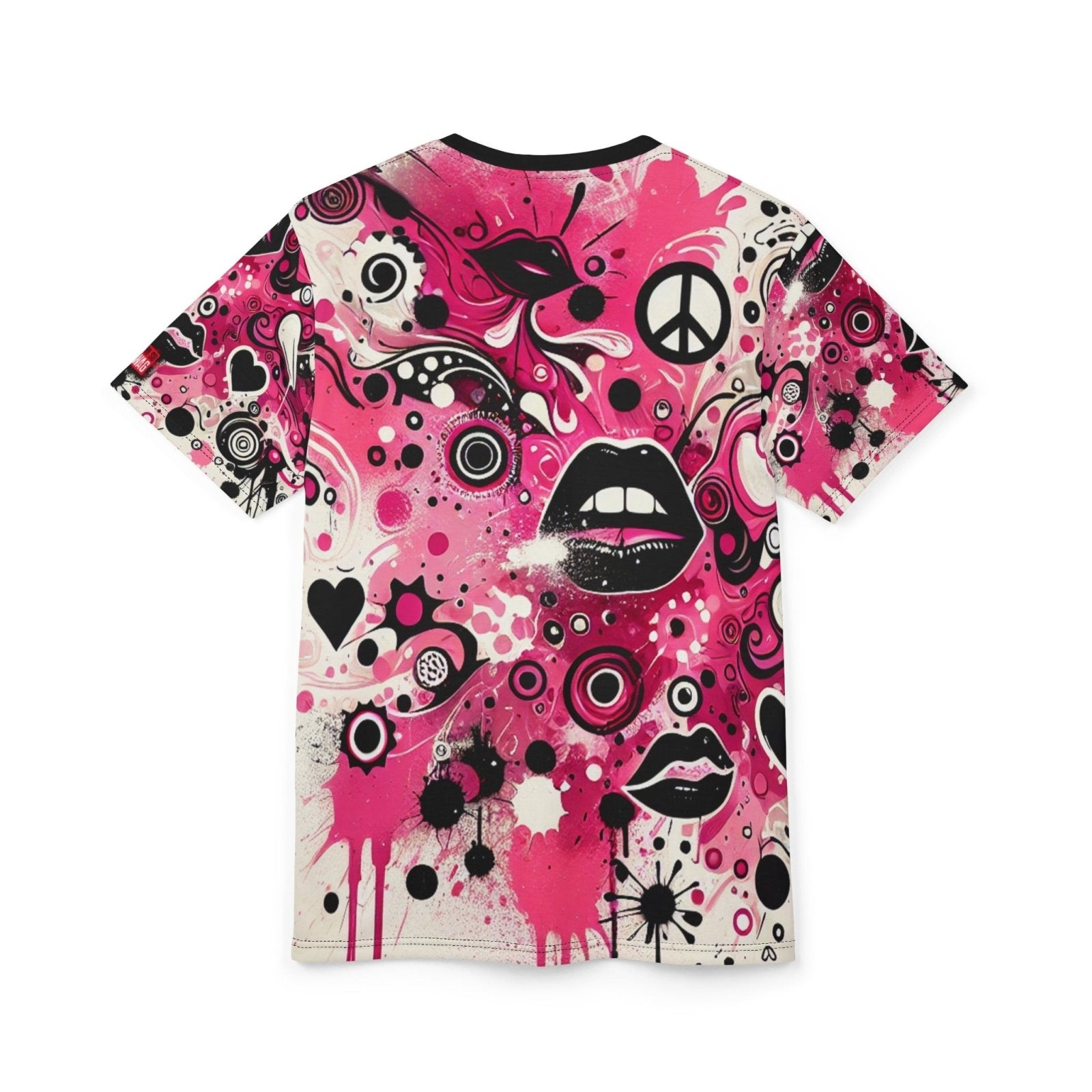 Vibrant Pink and Black Peace & Love Graphic Tee, Women's Casual Crew Neck T-Shirt, Edgy Graffiti Art Heart and Lips T-Shirt | US - Ohhh So Swag
