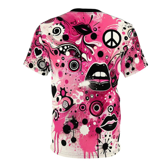 Vibrant Pink and Black Peace & Love Graphic Tee, Women's Casual Crew Neck T-Shirt, Edgy Graffiti Art Heart and Lips T-Shirt | US - Ohhh So Swag