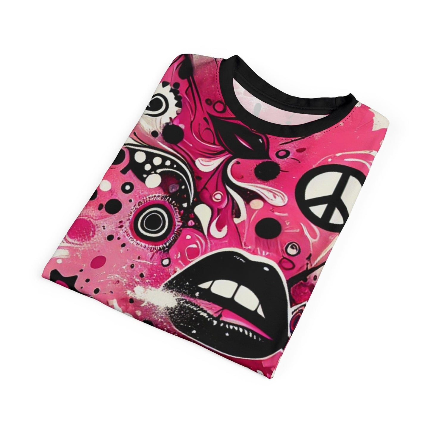 Vibrant Pink and Black Peace & Love Graphic Tee, Women's Casual Crew Neck T-Shirt, Edgy Graffiti Art Heart and Lips T-Shirt | US - Ohhh So Swag