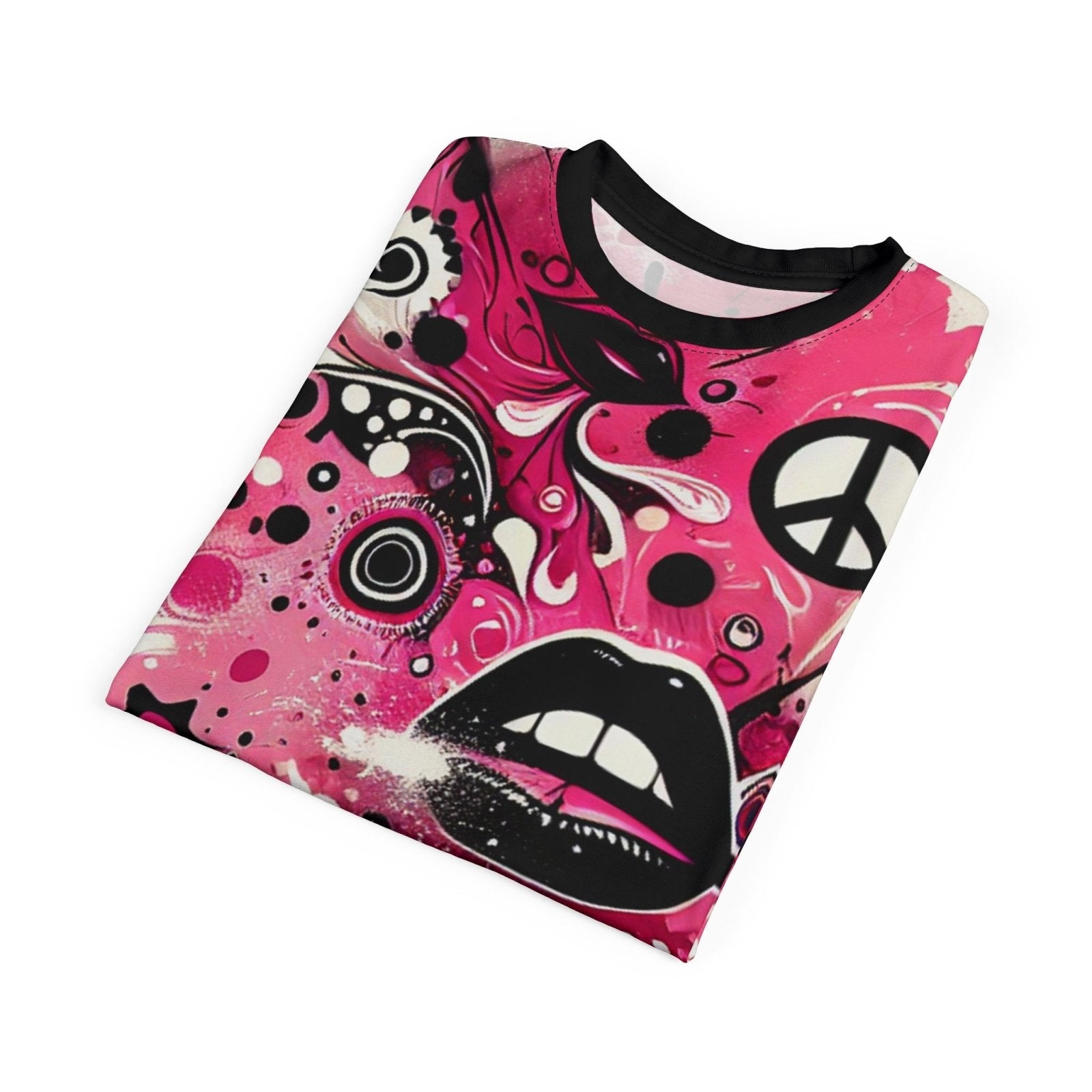 Vibrant Pink and Black Peace & Love Graphic Tee, Women's Casual Crew Neck T-Shirt, Edgy Graffiti Art Heart and Lips T-Shirt | US - Ohhh So Swag