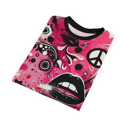 Vibrant Pink and Black Peace & Love Graphic Tee, Women's Casual Crew Neck T-Shirt, Edgy Graffiti Art Heart and Lips T-Shirt | US - Ohhh So Swag