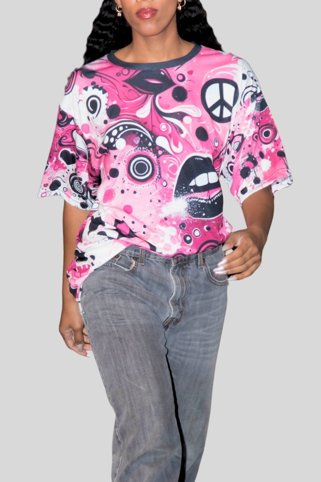 Vibrant Pink and Black Peace & Love Graphic Tee, Women's Casual Crew Neck T-Shirt, Edgy Graffiti Art Heart and Lips T-Shirt | US - Ohhh So Swag