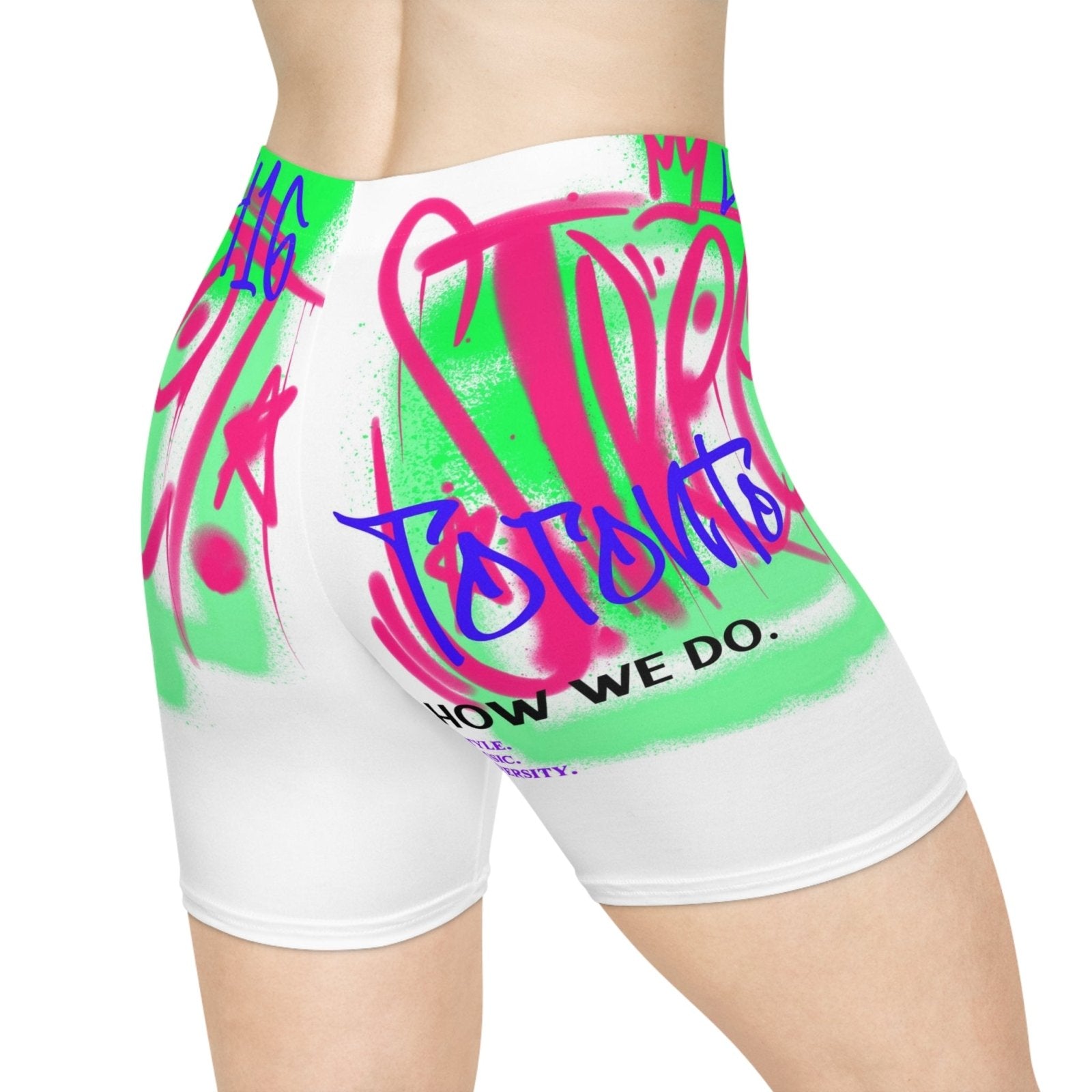 White and Neon Women's Biker Shorts - Toronto. How We Do. Style. Music. Diversity | US - Ohhh So Swag