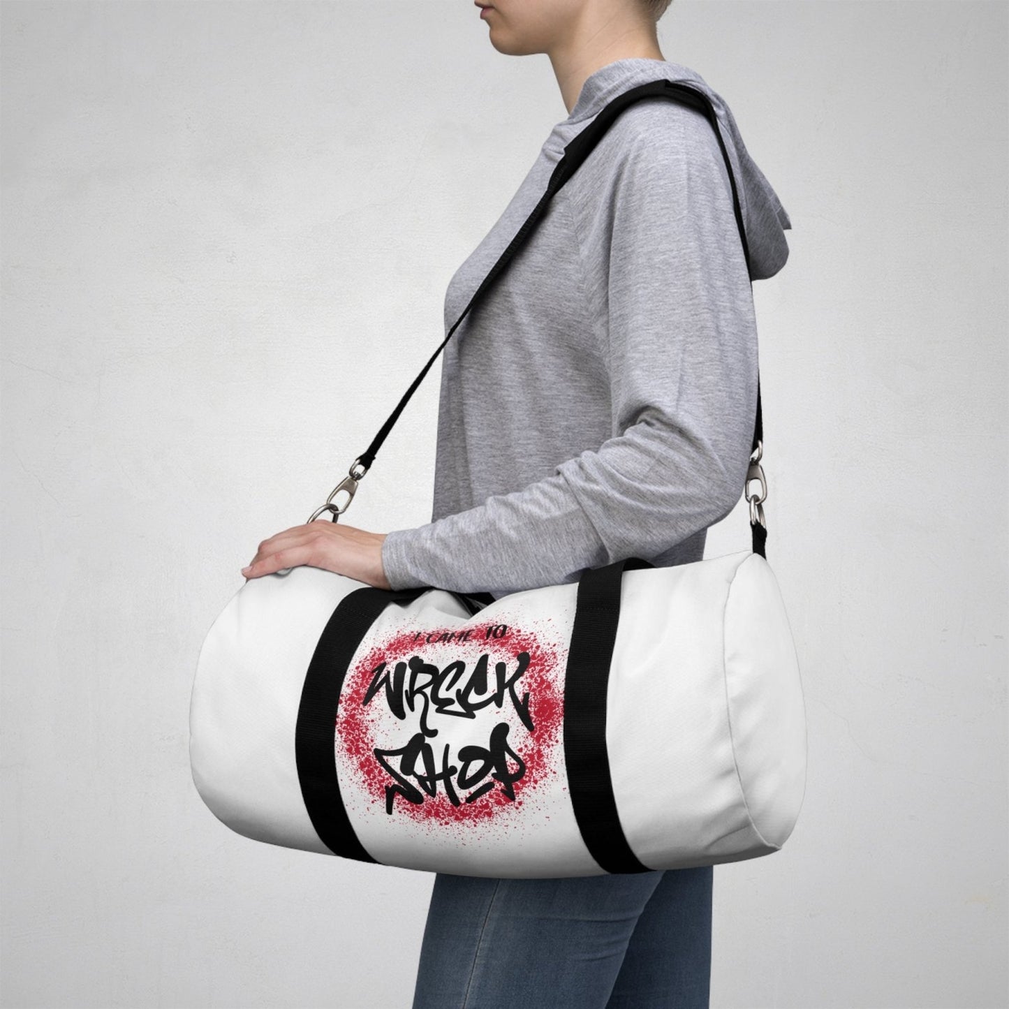 White Duffel Bag with I Came to Wreck Shop Text and Graffiti Design, Motivational and Hip Hop - Inspired | US - Ohhh So Swag