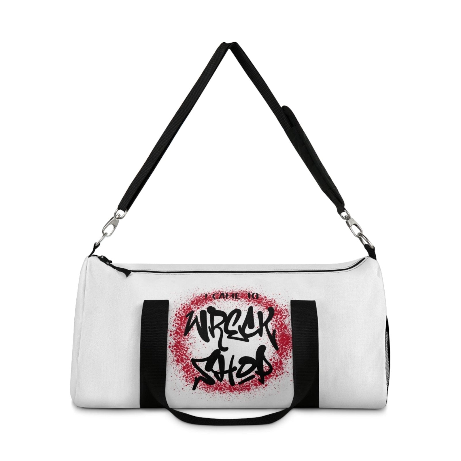 White Duffel Bag with I Came to Wreck Shop Text and Graffiti Design, Motivational and Hip Hop - Inspired | US - Ohhh So Swag