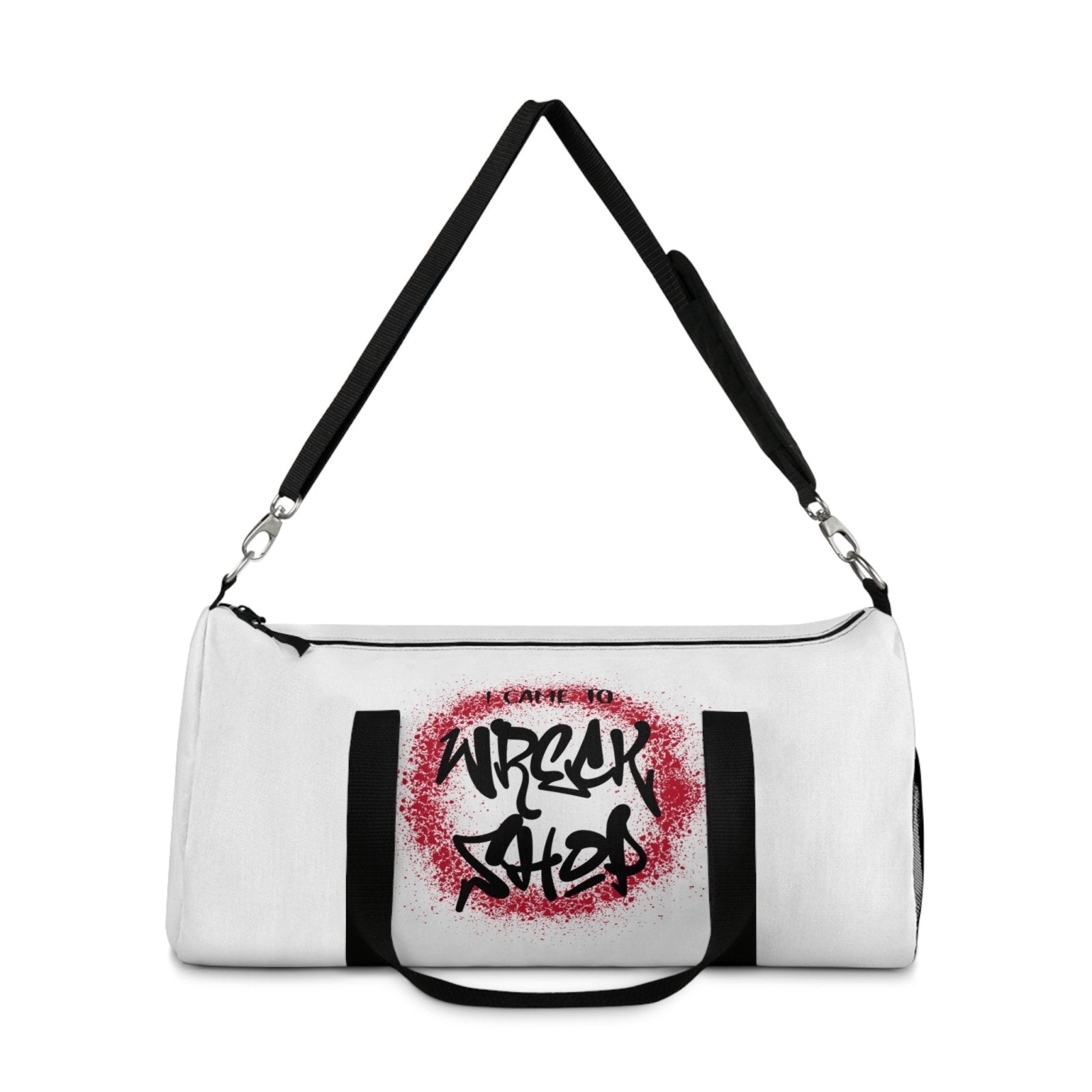 White Duffel Bag with I Came to Wreck Shop Text and Graffiti Design, Motivational and Hip Hop - Inspired | US - Ohhh So Swag