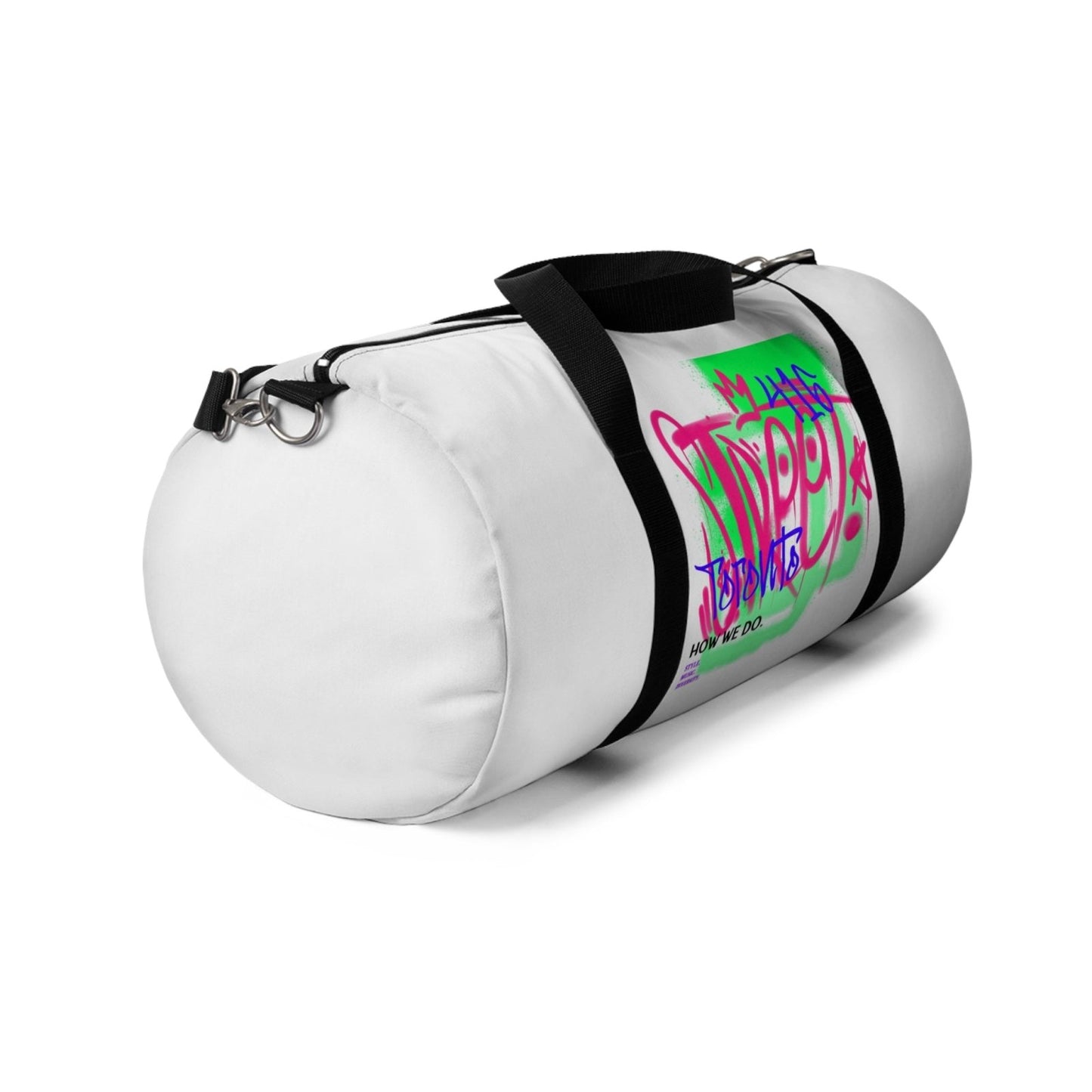 White Graffiti Duffle Bag / White Duffel Bag - Toronto. How We Do. Style. Music. Diversity. | US - Ohhh So Swag