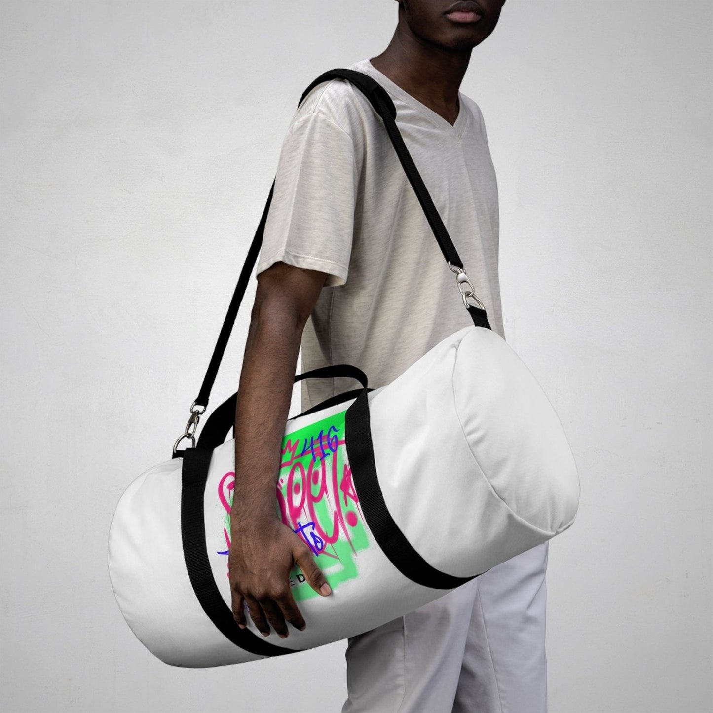 White Graffiti Duffle Bag / White Duffel Bag - Toronto. How We Do. Style. Music. Diversity. | US - Ohhh So Swag