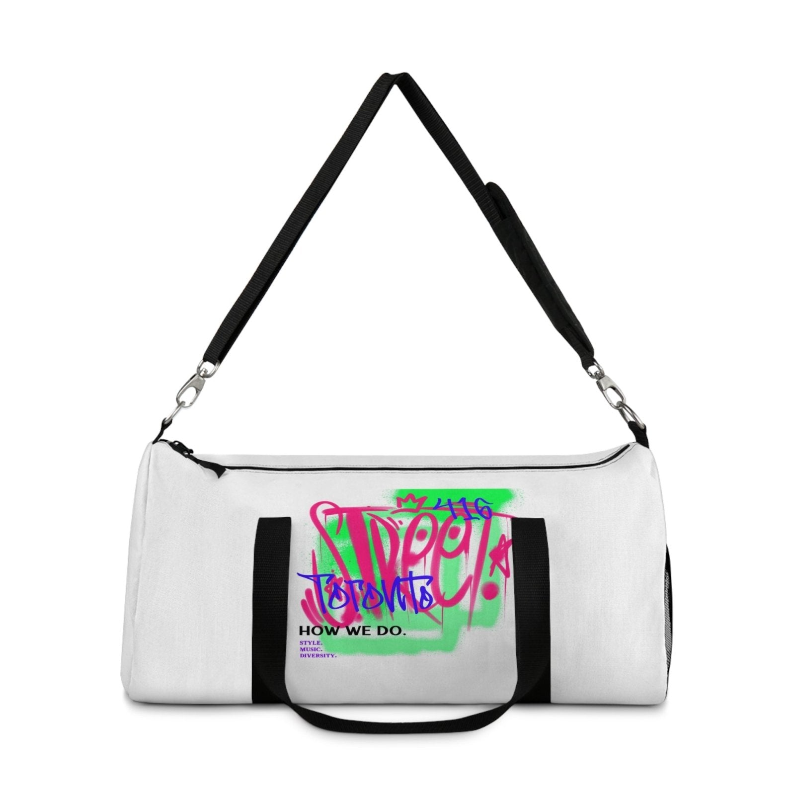 White Graffiti Duffle Bag / White Duffel Bag - Toronto. How We Do. Style. Music. Diversity. | US - Ohhh So Swag