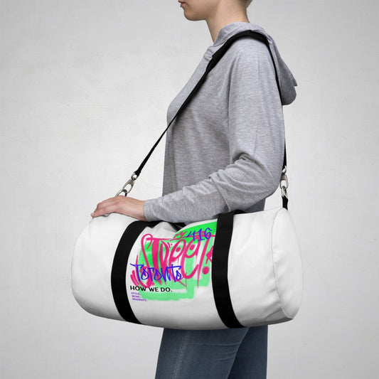 White Graffiti Duffle Bag / White Duffel Bag - Toronto. How We Do. Style. Music. Diversity. | US - Ohhh So Swag