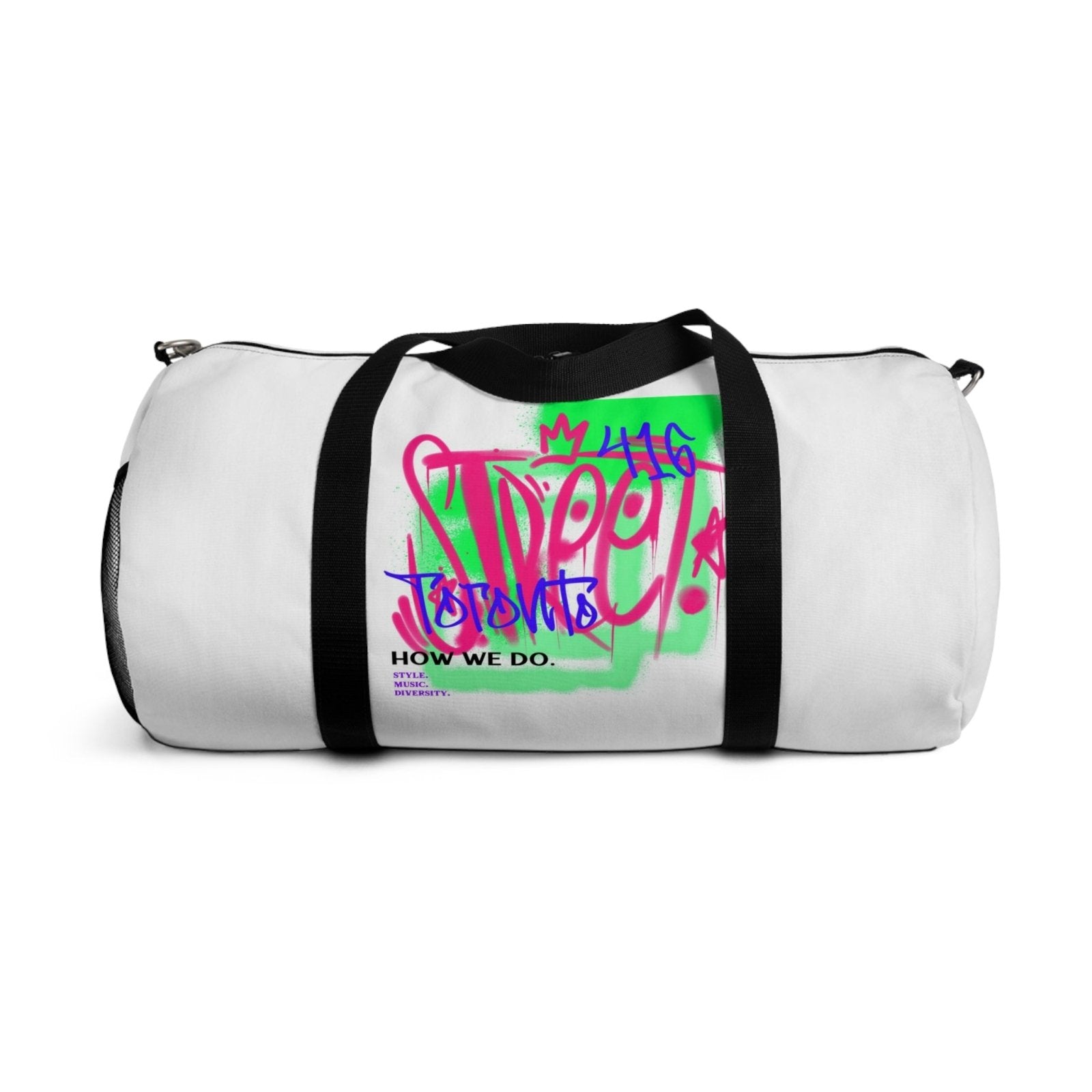 White Graffiti Duffle Bag / White Duffel Bag - Toronto. How We Do. Style. Music. Diversity. | US - Ohhh So Swag