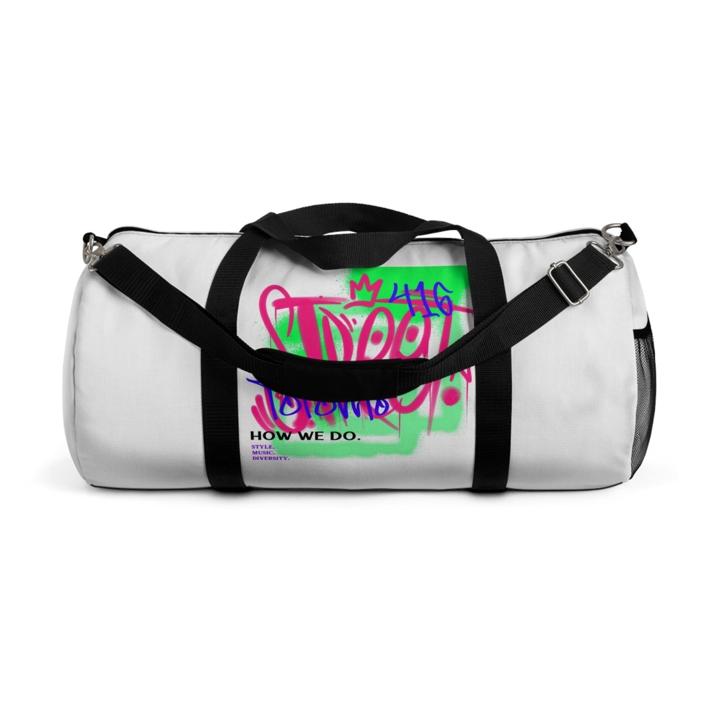 White Graffiti Duffle Bag / White Duffel Bag - Toronto. How We Do. Style. Music. Diversity. | US - Ohhh So Swag