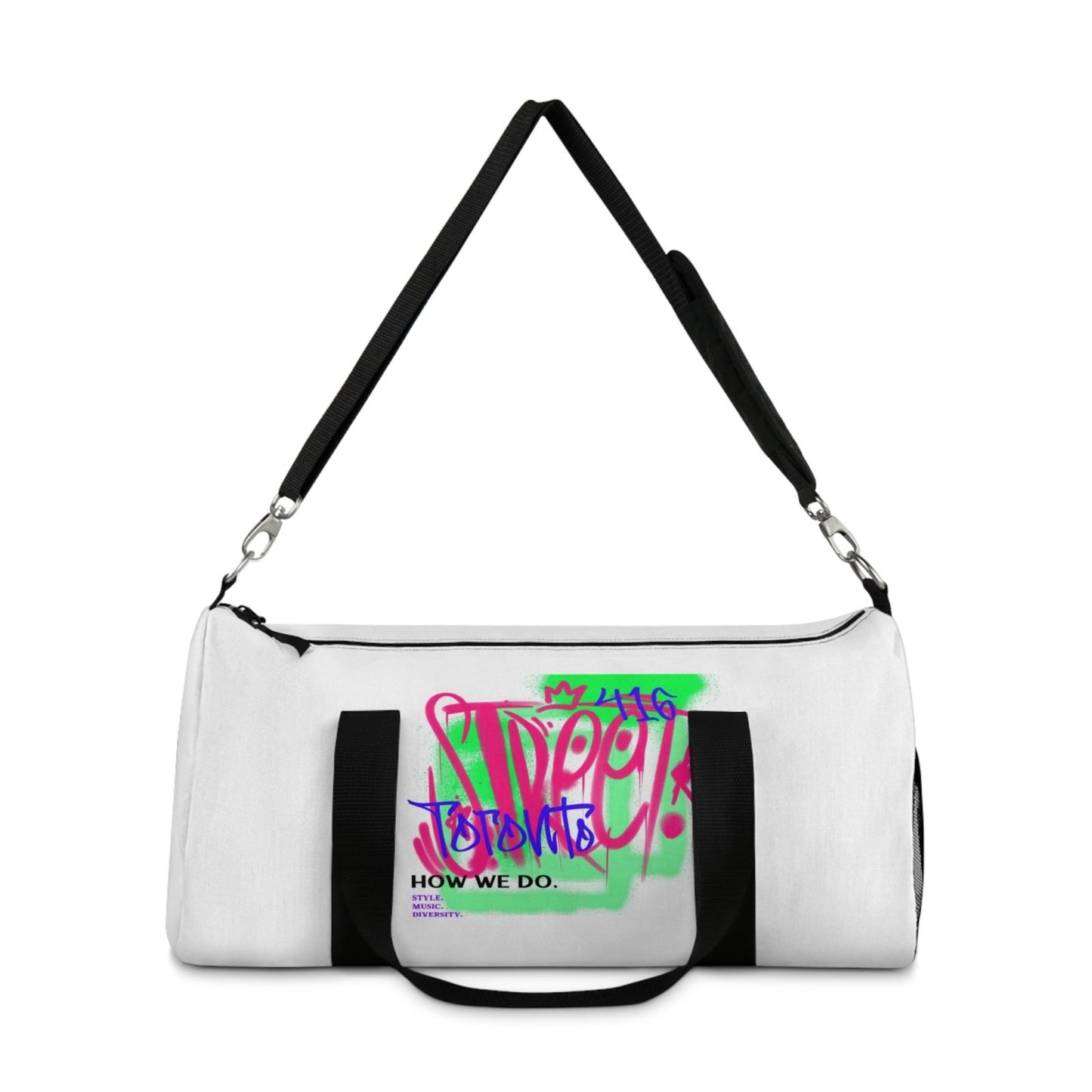 White Graffiti Duffle Bag / White Duffel Bag - Toronto. How We Do. Style. Music. Diversity. | US - Ohhh So Swag