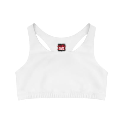 White Sports Bra, Medium Support, Red Kiss Lips, Green Heart - Love, Me. | US - Ohhh So Swag