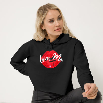 Women's Black Coquette Crop Hoodie Sweatshirt, Red Kiss Lips, Purple Heart - Love, Me. | US - Ohhh So Swag