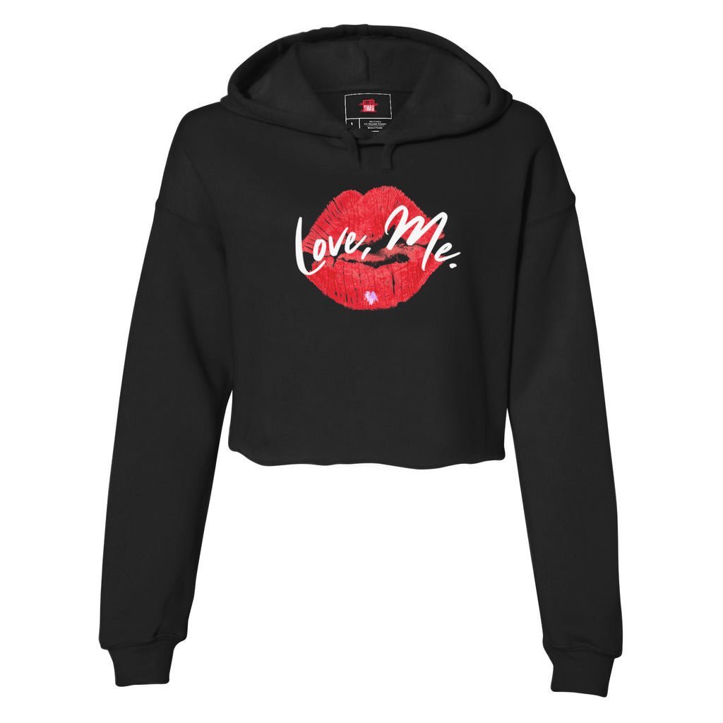 Women's Black Coquette Crop Hoodie Sweatshirt, Red Kiss Lips, Purple Heart - Love, Me. | US - Ohhh So Swag