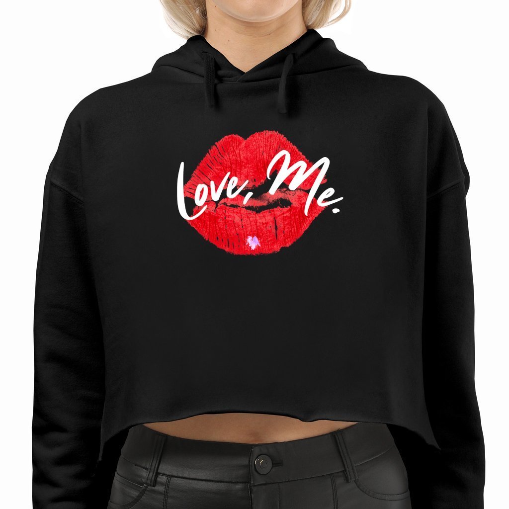 Women's Black Coquette Crop Hoodie Sweatshirt, Red Kiss Lips, Purple Heart - Love, Me. | US - Ohhh So Swag