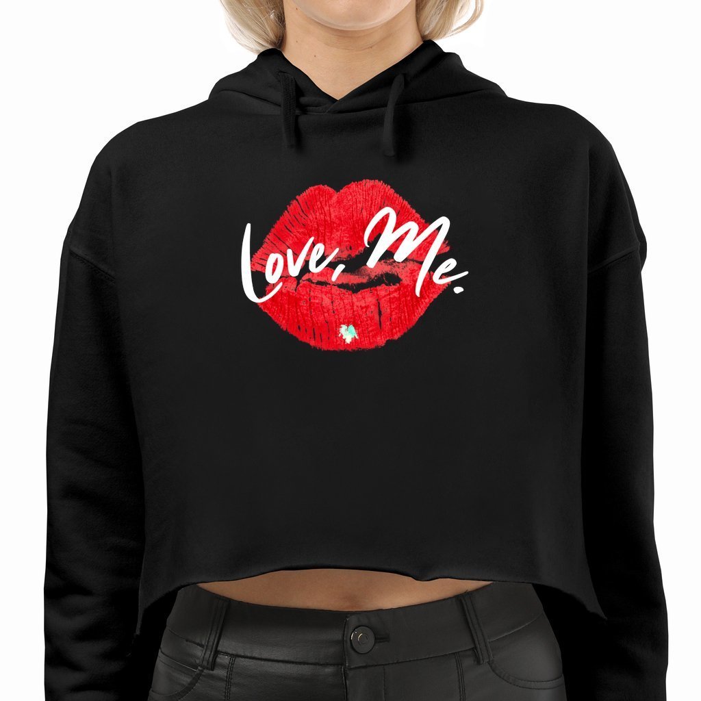 Women's Black Crop Top Coquette Hoodie Sweatshirt, Red Kiss Lips, Green Heart - Love, Me. | US - Ohhh So Swag