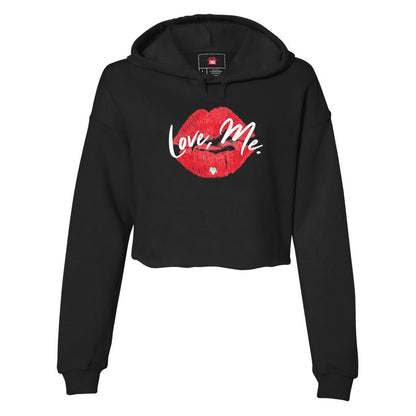 Women's Black Crop Top Coquette Hoodie Sweatshirt, Red Kiss Lips, Green Heart - Love, Me. | US - Ohhh So Swag