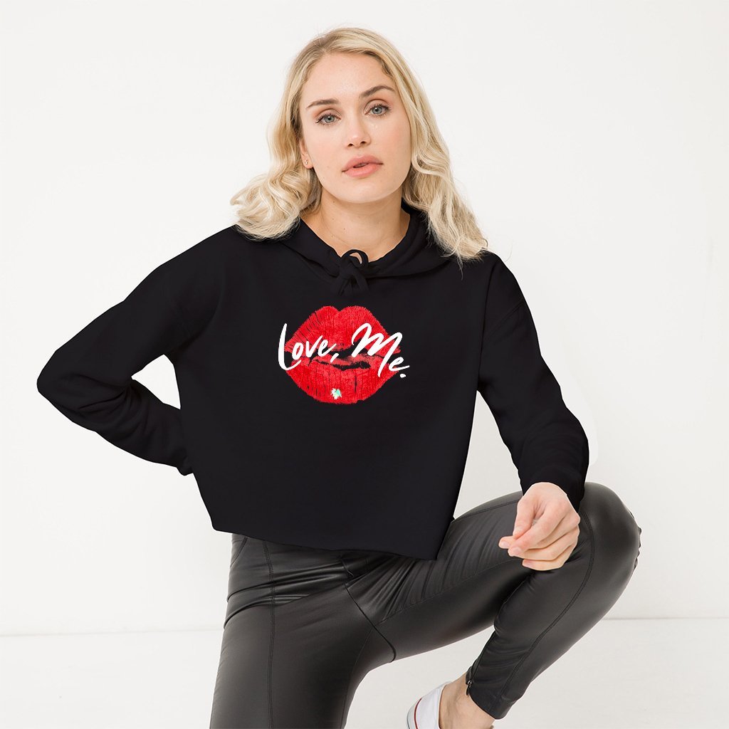 Women's Black Crop Top Coquette Hoodie Sweatshirt, Red Kiss Lips, Green Heart - Love, Me. | US - Ohhh So Swag