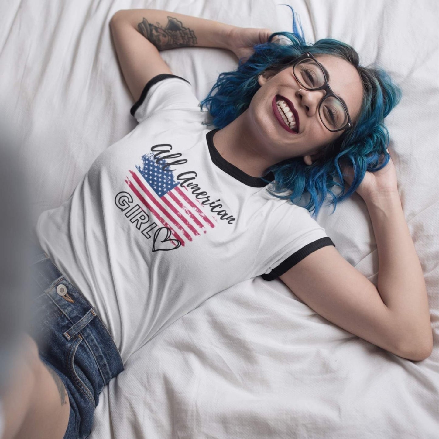 Women's Cotton Ringer T-Shirt - All American Girl | US - Ohhh So Swag