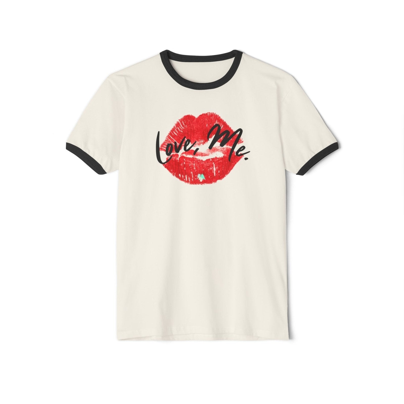 Women's Cotton Ringer Tee - Love, Me. Red Lips Shirt (Green Heart) | US - Ohhh So Swag