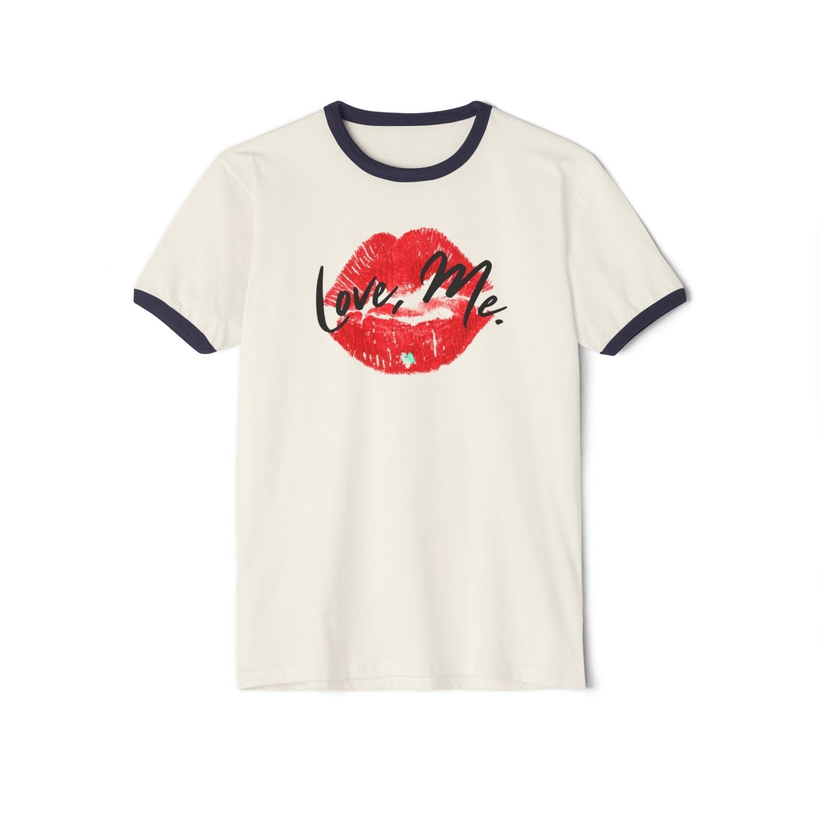 Women's Cotton Ringer Tee - Love, Me. Red Lips Shirt (Green Heart) | US - Ohhh So Swag