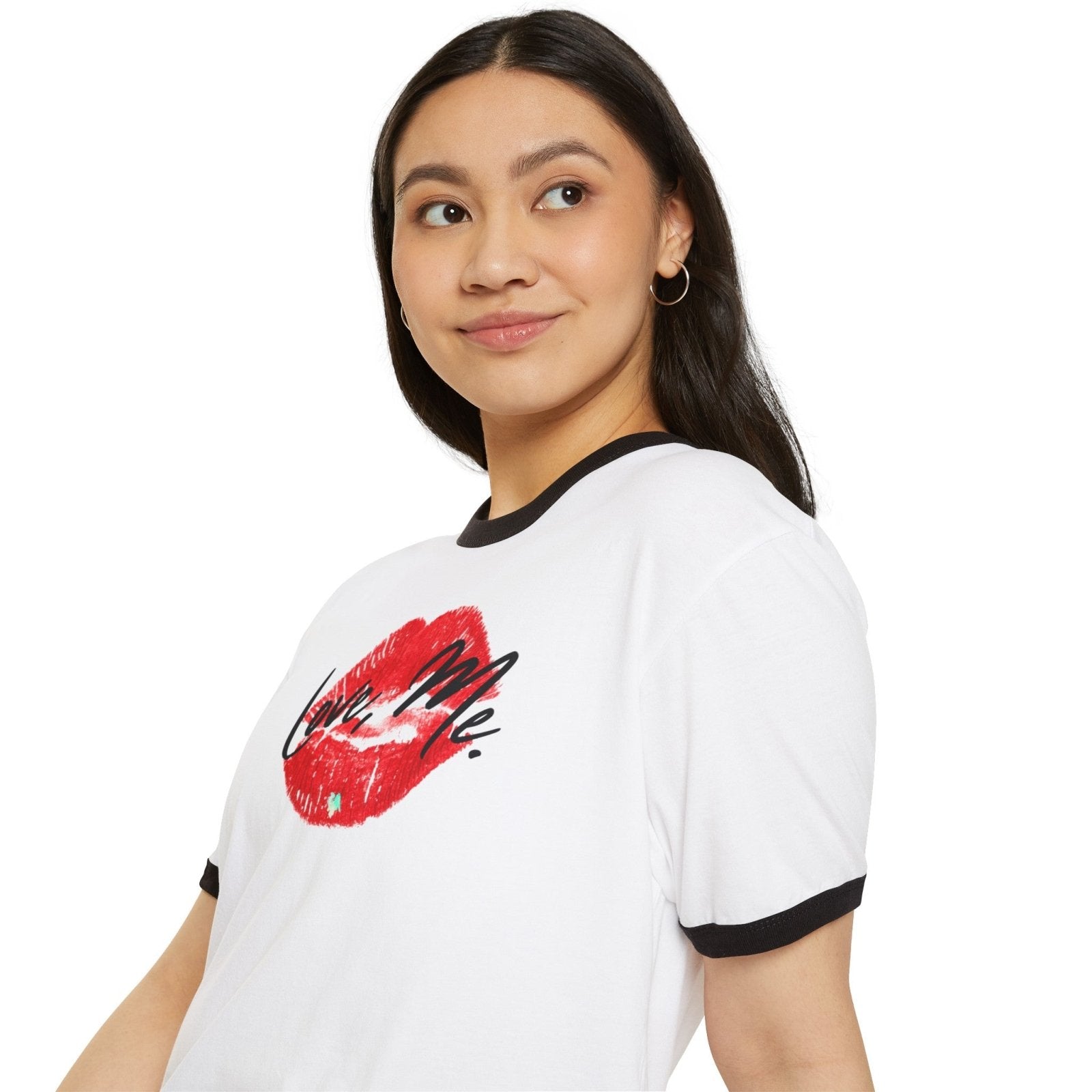 Women's Cotton Ringer Tee - Love, Me. Red Lips Shirt (Green Heart) | US - Ohhh So Swag