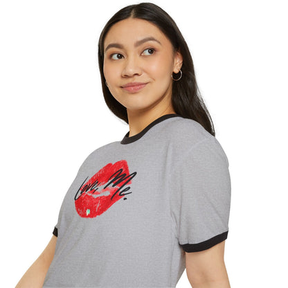 Women's Cotton Ringer Tee - Love, Me. Red Lips Shirt (Green Heart) | US - Ohhh So Swag