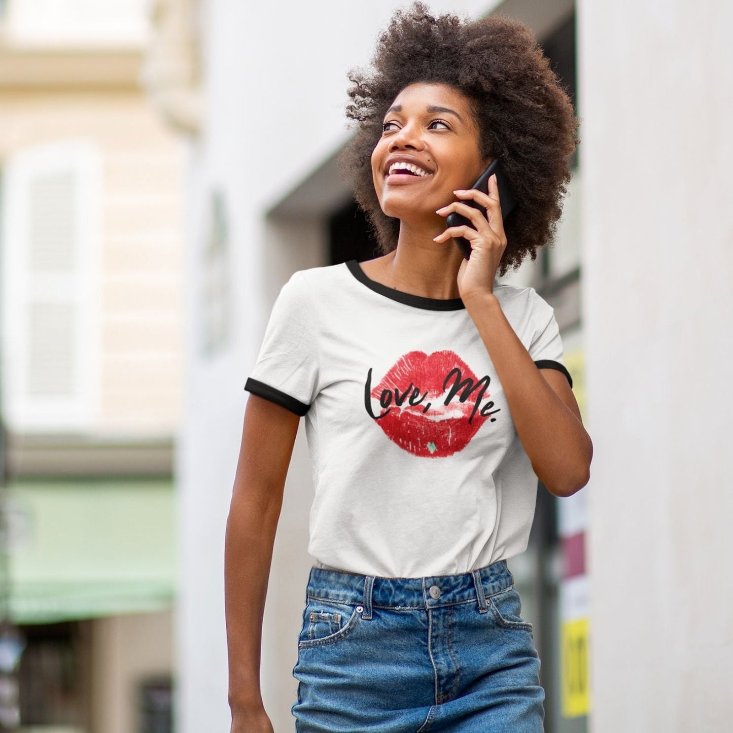 Women's Cotton Ringer Tee - Love, Me. Red Lips Shirt (Green Heart) | US - Ohhh So Swag