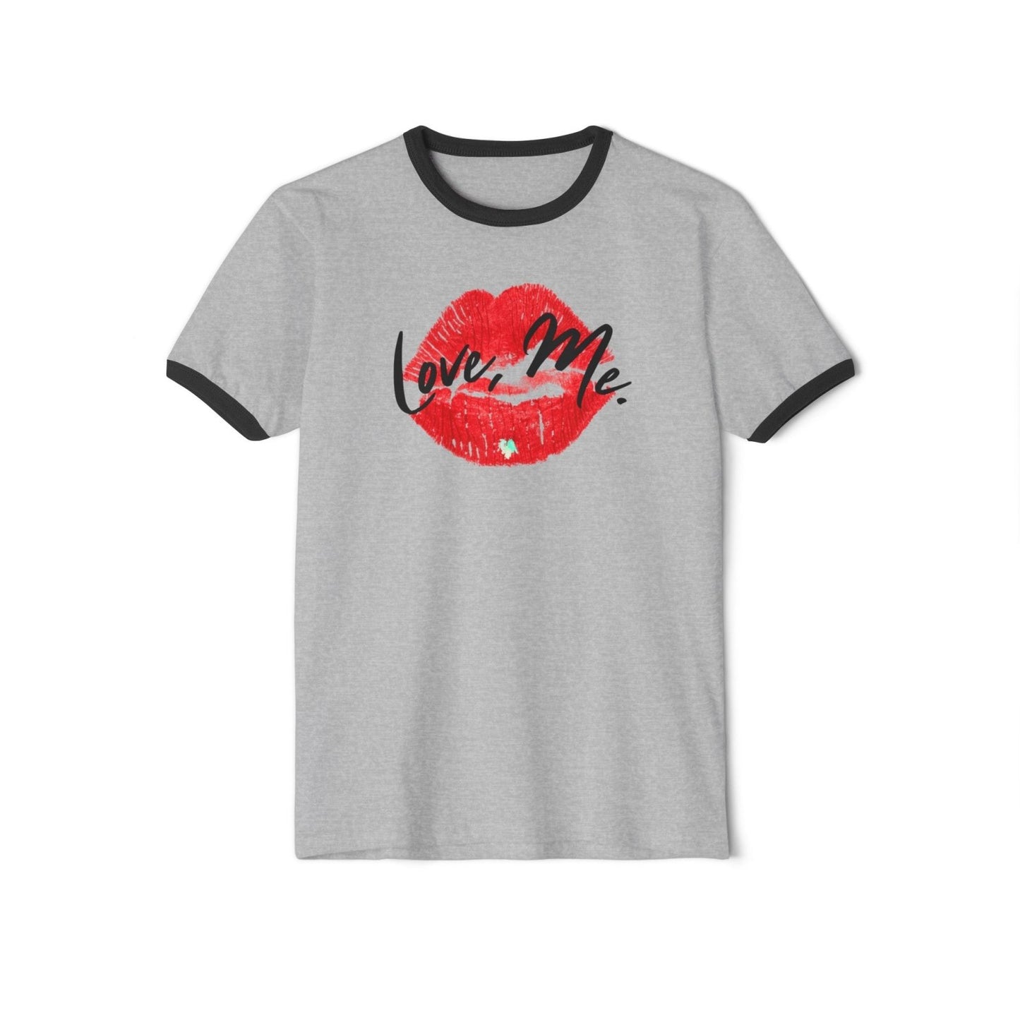 Women's Cotton Ringer Tee - Love, Me. Red Lips Shirt (Green Heart) | US - Ohhh So Swag