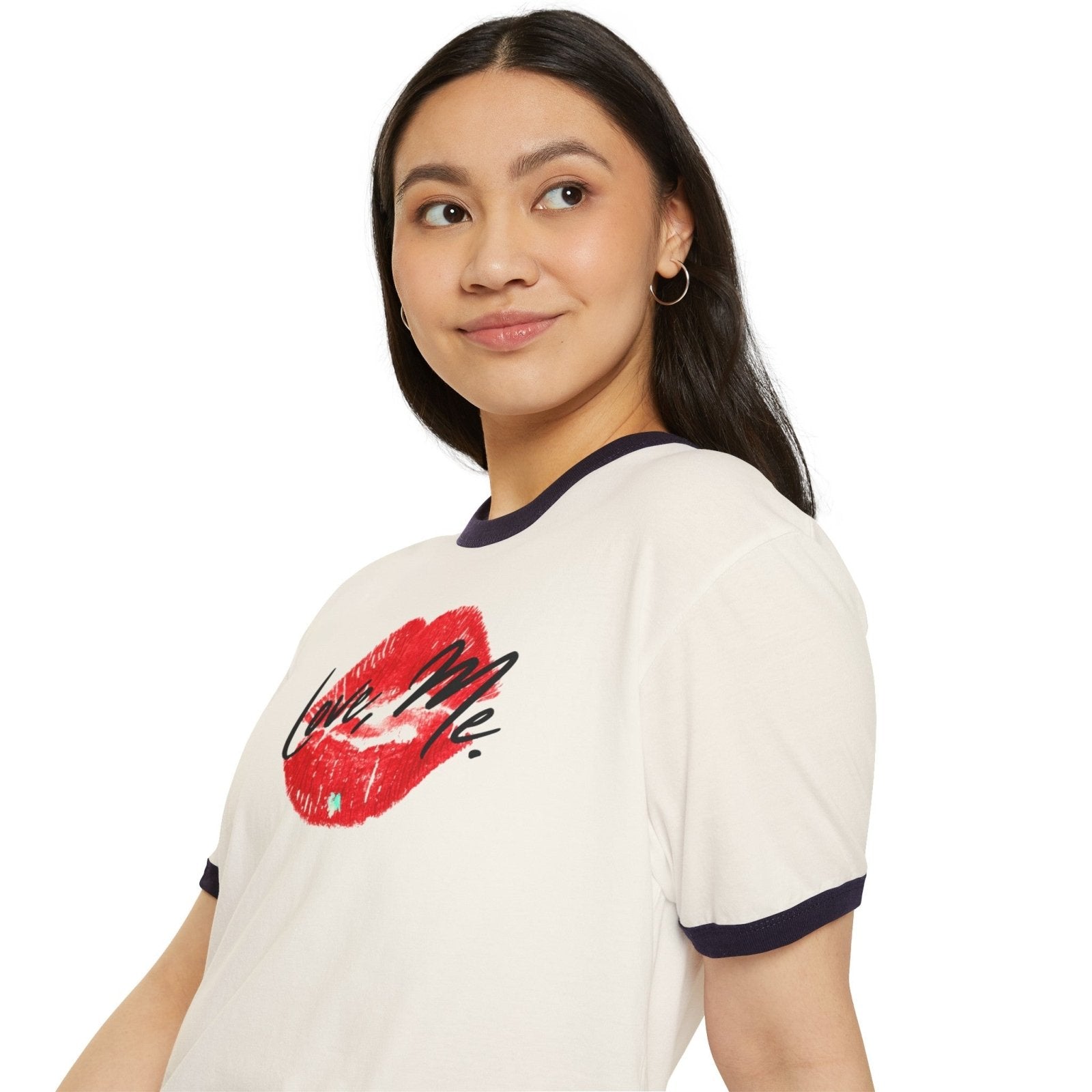 Women's Cotton Ringer Tee - Love, Me. Red Lips Shirt (Green Heart) | US - Ohhh So Swag