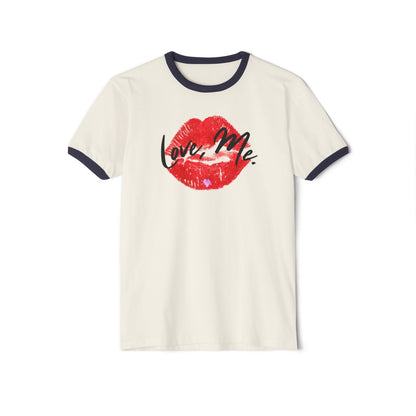 Women's Cotton Ringer Tee - Love, Me. Red Lips Shirt (Purple Heart) | US - Ohhh So Swag