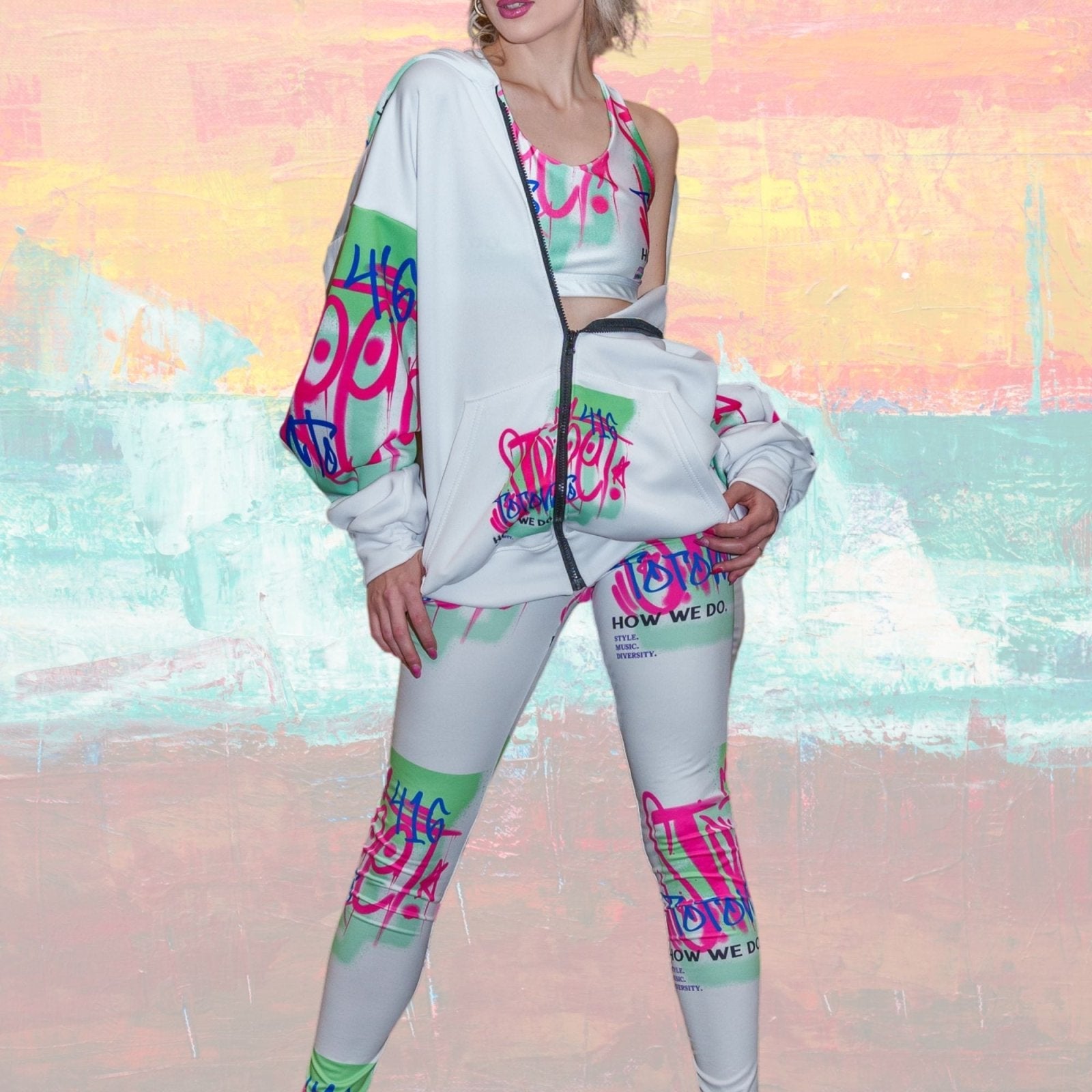 Women's Neon and White Graffiti Print Leggings - Toronto. How We Do. Style. Music. Diversity. | US - Ohhh So Swag