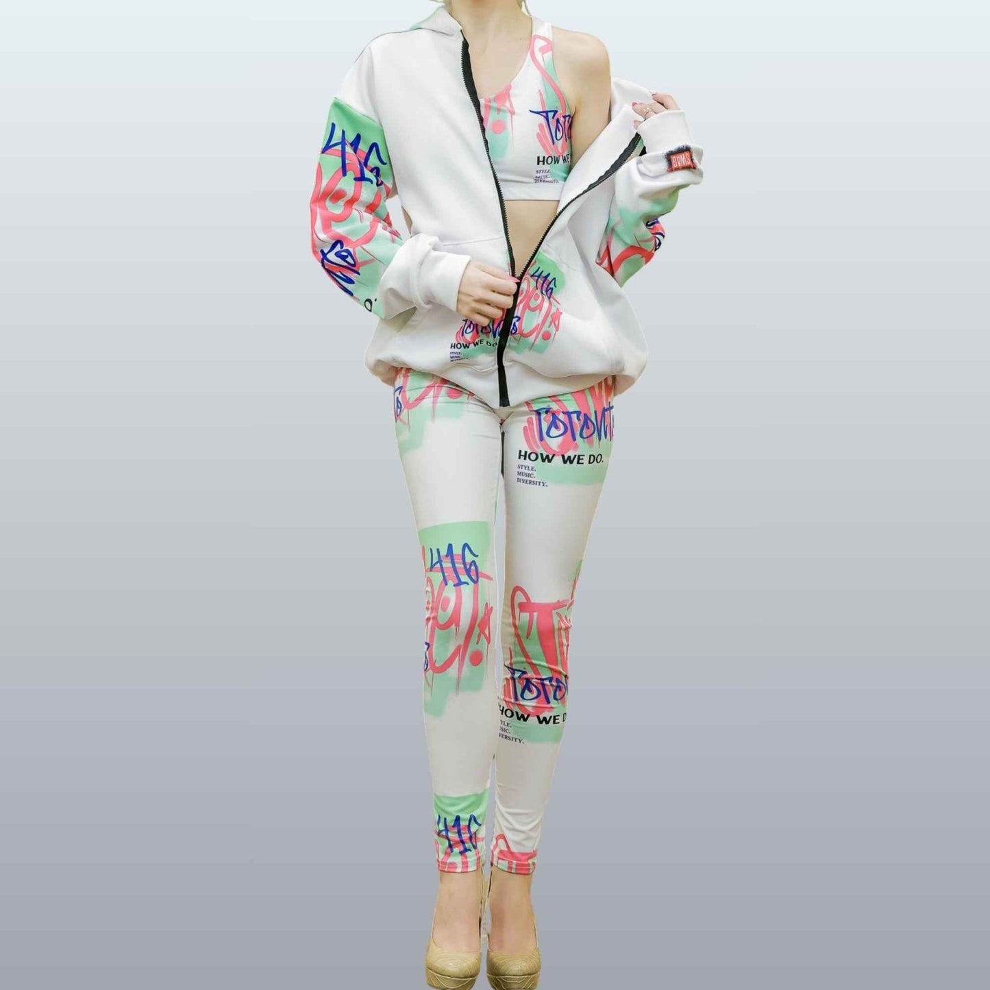 Women's Neon and White Graffiti Print Leggings - Toronto. How We Do. Style. Music. Diversity. | US - Ohhh So Swag