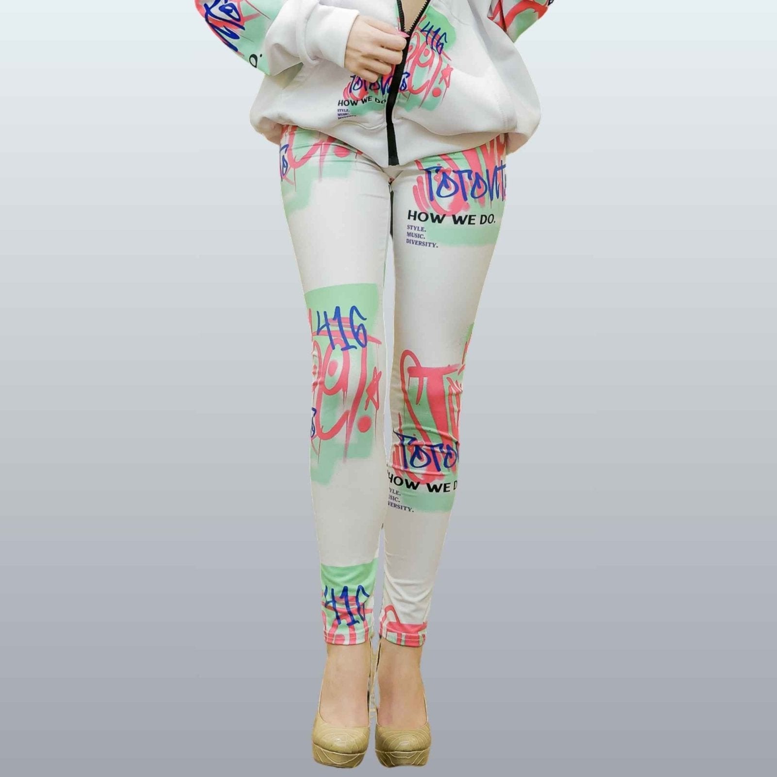 Women's Neon and White Graffiti Print Leggings - Toronto. How We Do. Style. Music. Diversity. | US - Ohhh So Swag
