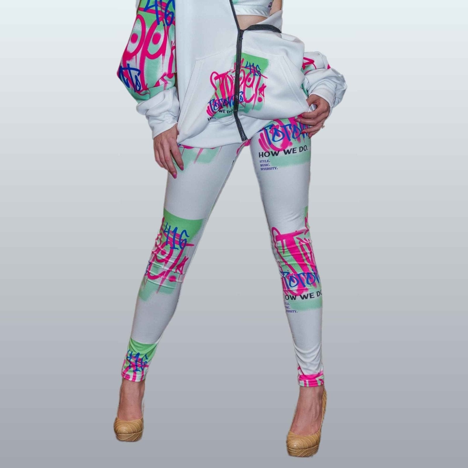 Women's Neon and White Graffiti Print Leggings - Toronto. How We Do. Style. Music. Diversity. | US - Ohhh So Swag