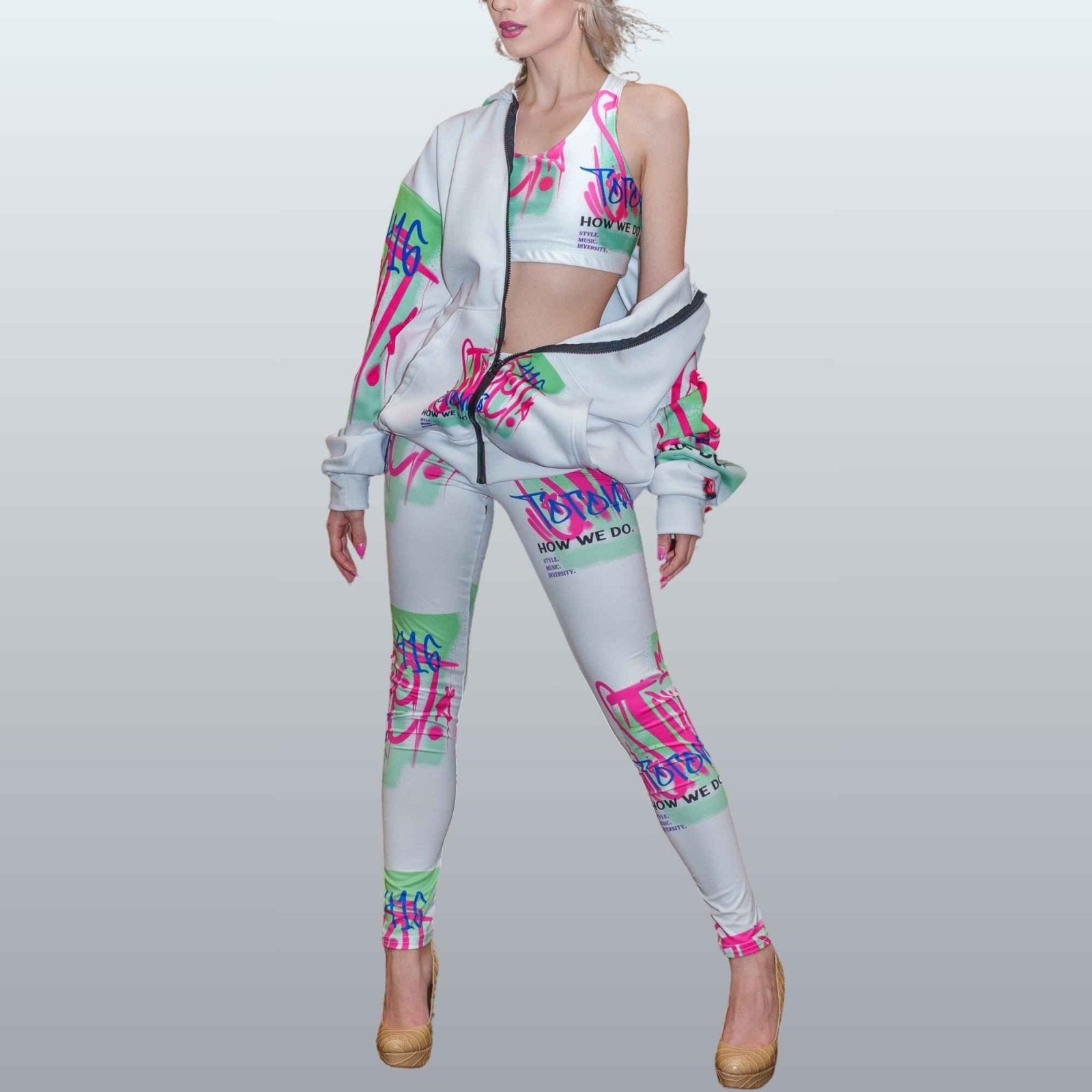Women's Neon and White Graffiti Print Leggings - Toronto. How We Do. Style. Music. Diversity. | US - Ohhh So Swag